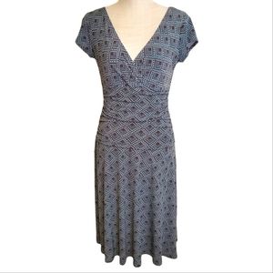 LONDON STYLE | Women's blue and brown geometric-pattern sheath dress. Size 8.